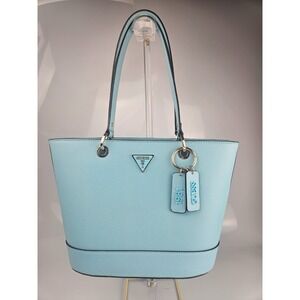 GUESS Aqua Saffiano Tote Structured Blue Handbag Logo Charm